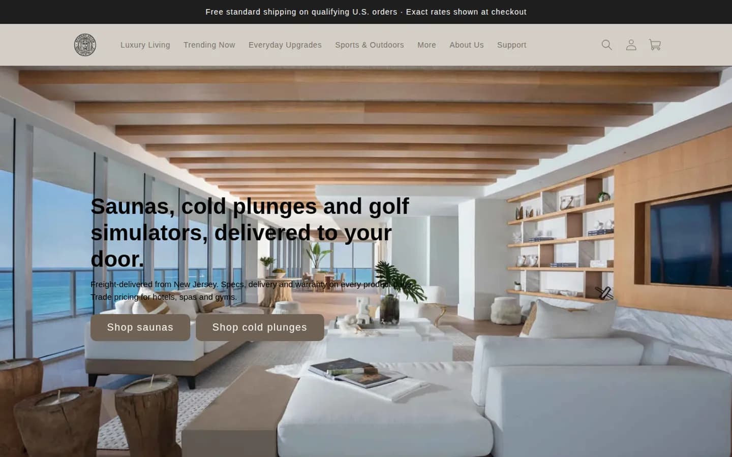 Athena's Decor storefront: a bright luxury living room with ocean views and the headline "Saunas, cold plunges and golf simulators, delivered to your door"