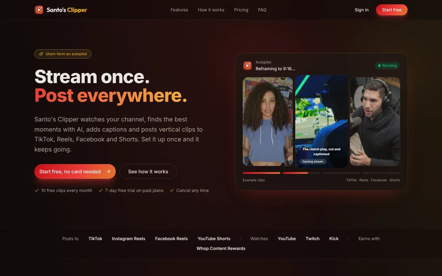 Santo's Clipper homepage: "Stream once. Post everywhere." headline beside an autopilot panel reframing captioned vertical clips for TikTok, Reels, Facebook and Shorts