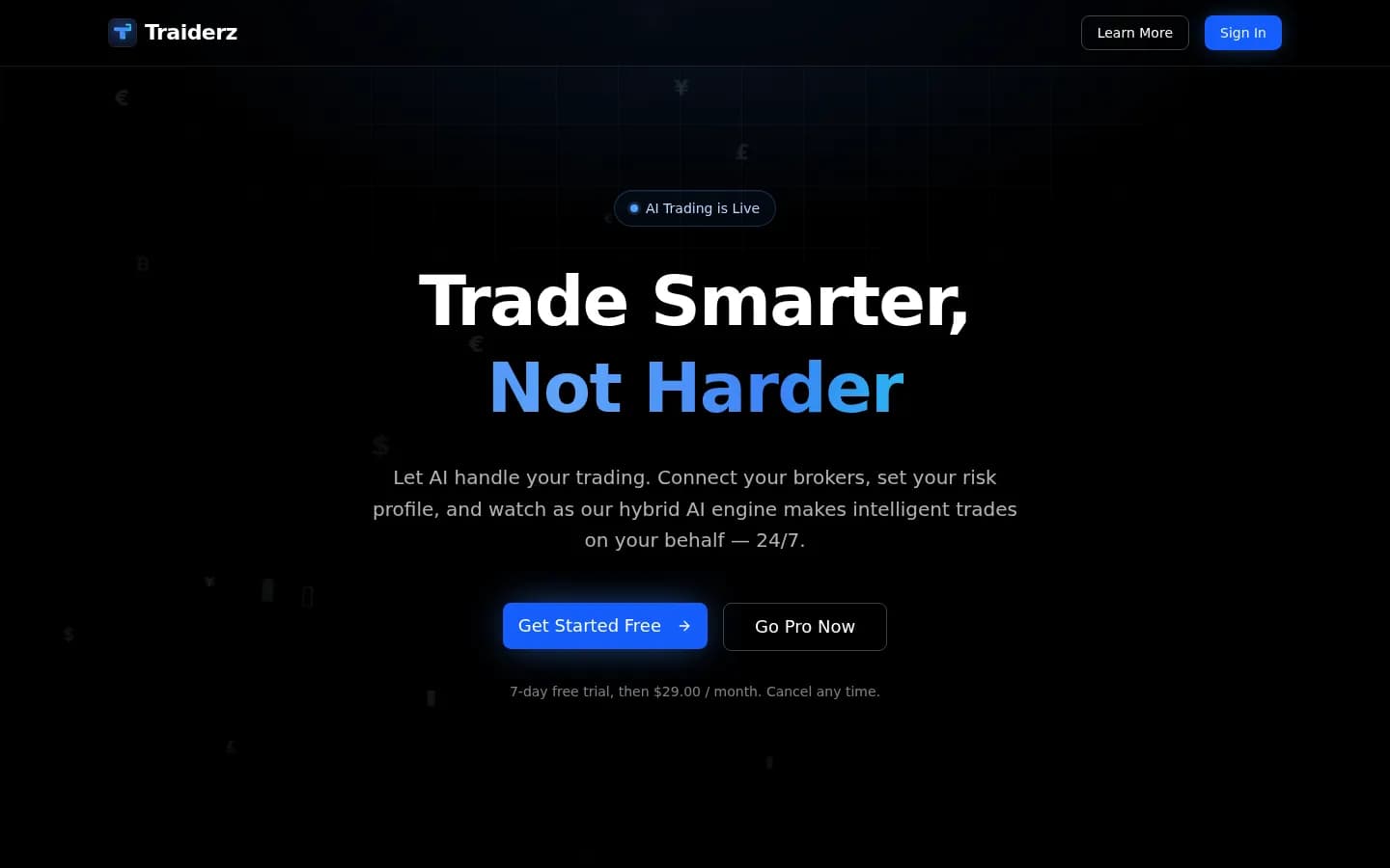 Traiderz homepage: "Trade Smarter, Not Harder" headline over a dark trading-grid background with Get Started Free and Go Pro buttons